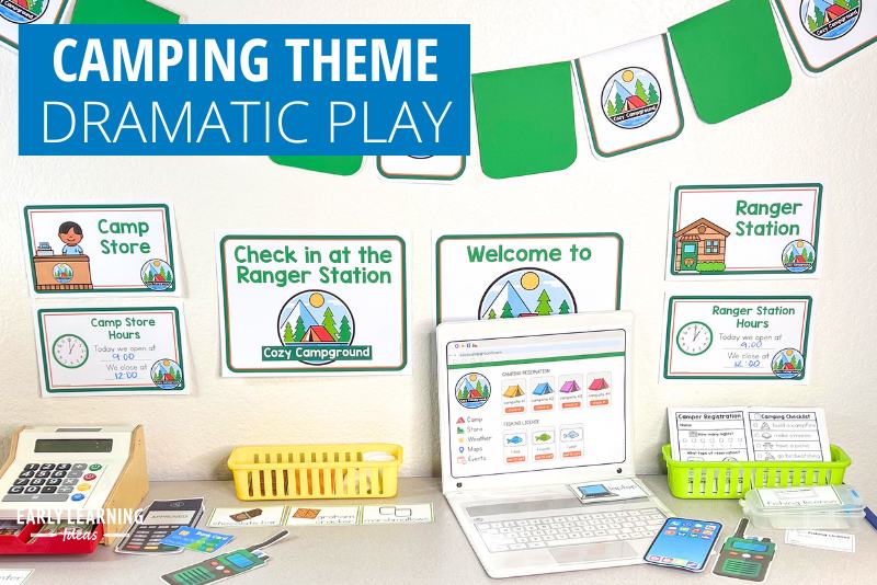 Campground dramatic play area set up in a preschool classroom