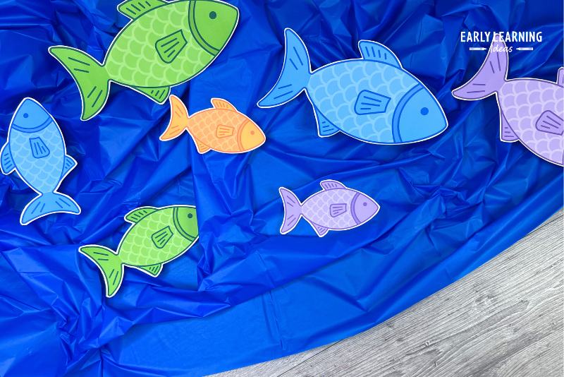 Dramatic play fishing area with printable fish