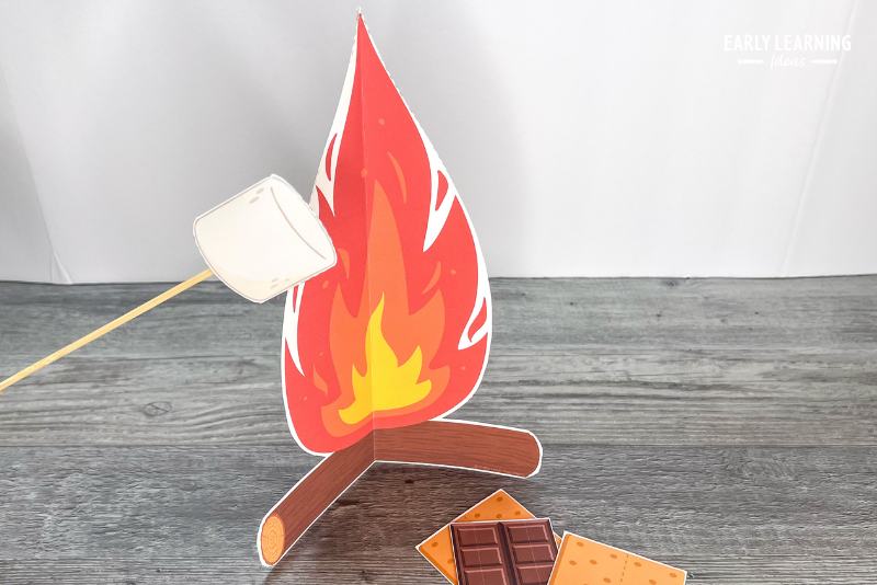 printable 3D campfire and marshmallow for a camping dramatic play center