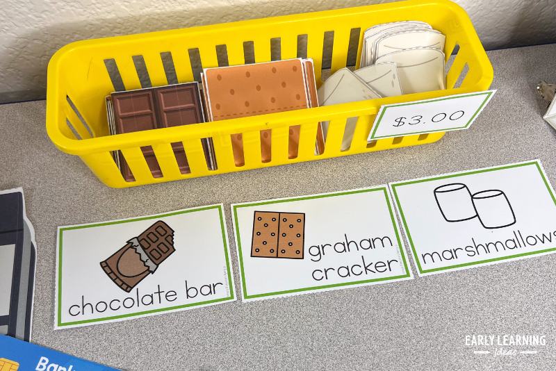 Printable graham crackers, chocolate bars, and marshmallows for a pretend play campfire