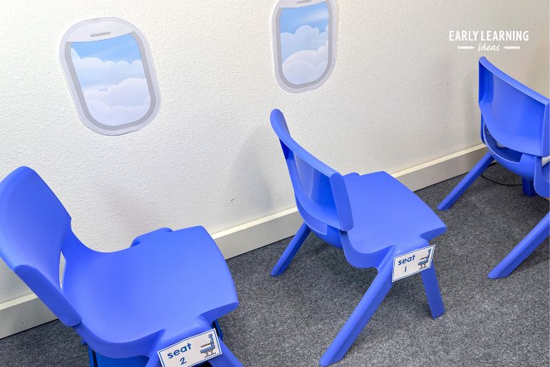 pretend airplane seats and windows in an airport dramatic play center.