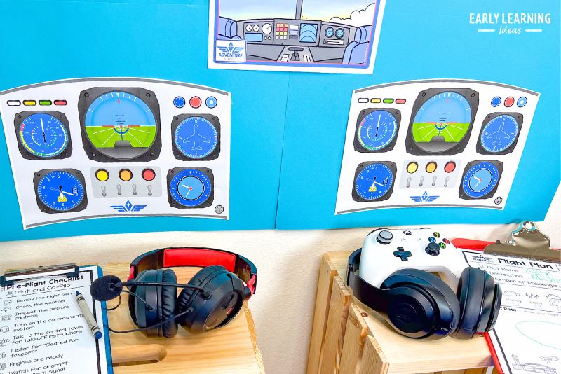 pretend airport cockpit in an airport dramatic play center