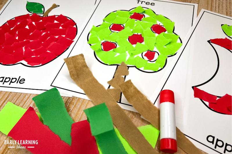 3 images - an apple, an apple tree, and an apple core with torn paper glued onto them. The torn paper activity is an example of an easy apple craft for preschool and kindergarten