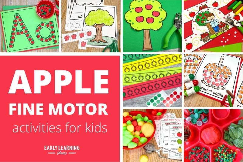 apple fine motor activities - a photo collage shows a variety of apple fine motor activities