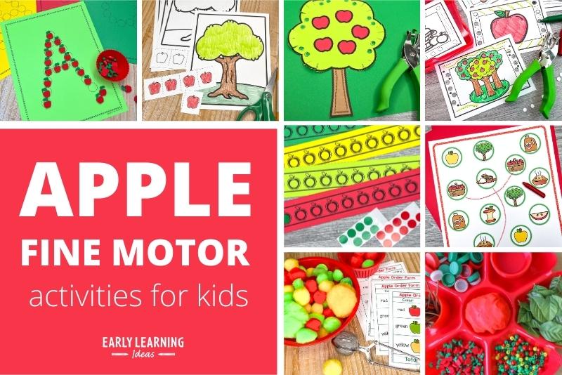 apple fine motor activities - a photo collage shows a variety of  apple fine motor activities