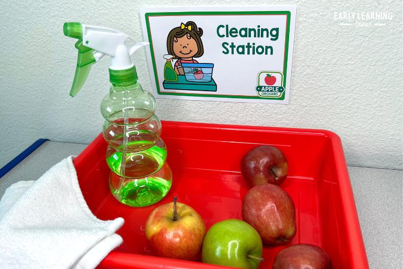 apple cleaning station in an apple orchard dramatic play center