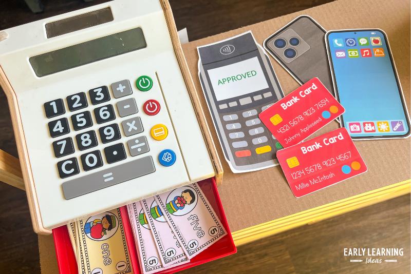 cash register and printable money and credit cards for a apple orchard dramatic play center