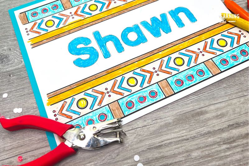 fall name coloring page with hole punch border