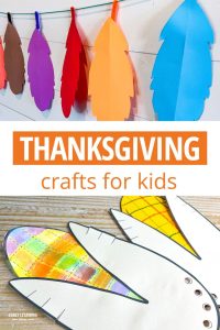 Thanksgiving crafts for preschool kids - the title image shows a paper feather banner and decorative corn.