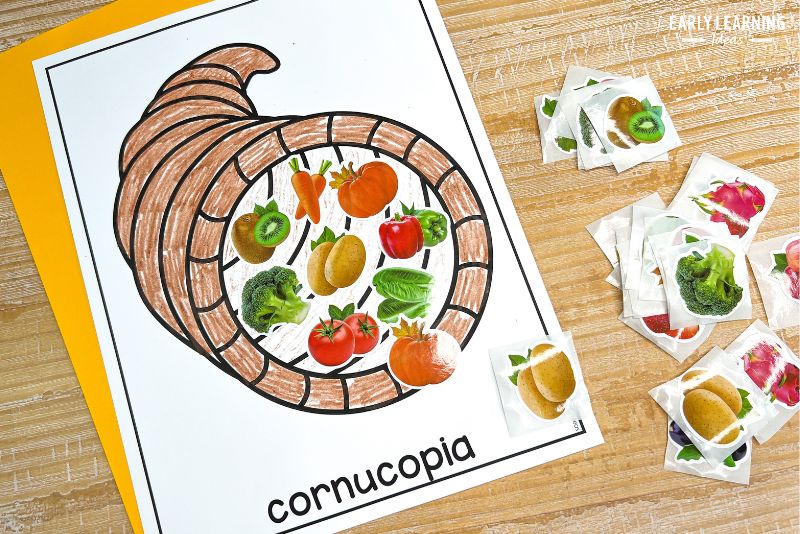 cornucopia coloring page with fruit and vegetable stickers