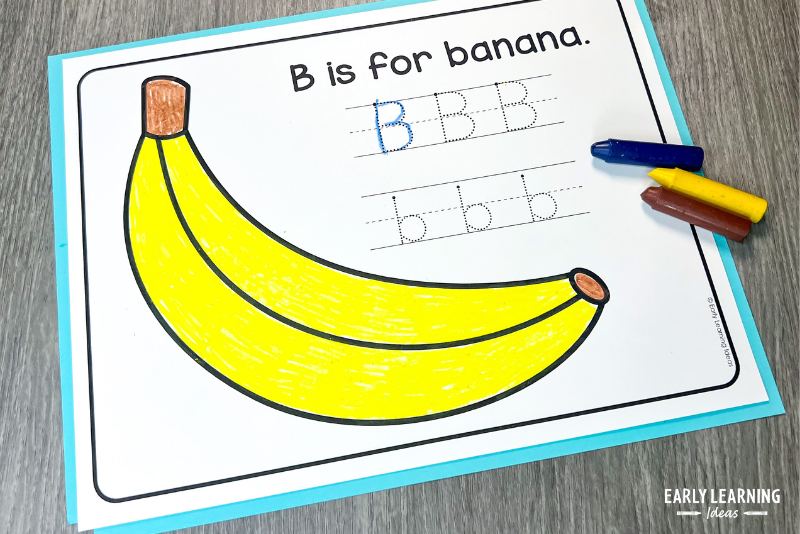 B is for banana coloring page and simple craft with letter B tracing opportunities
