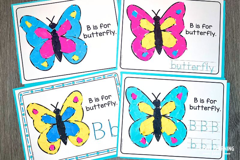 B is for butterfly letter b craft for preschool - 4 printable options of paper tearing crafts are shown