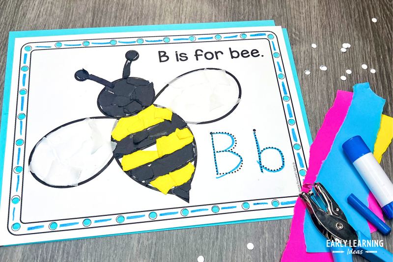 letter b craft - A b is for bee craft shown with torn paper and a hole punch