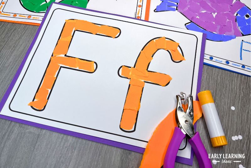Bubble letter printable page with torn paper used as a simple craft for the letter F
