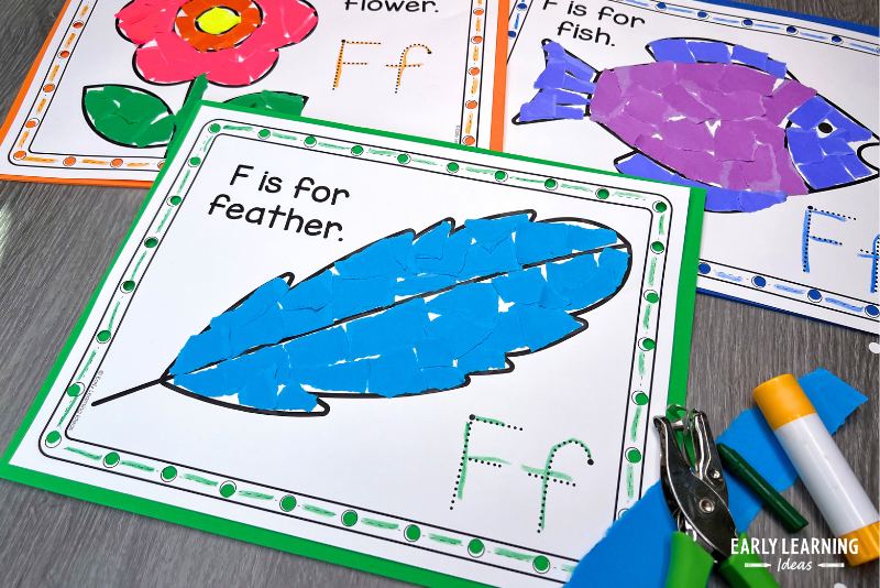 crafts for the letter f include a feather, fish, and flower craft for preschool