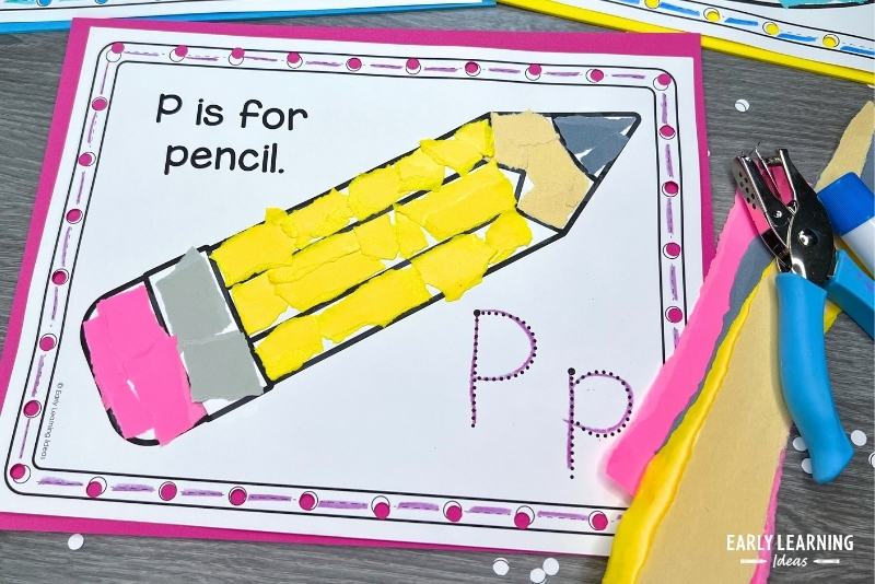 P is for pencil craft - easy craft for the letter P is shown with a hole punch, torn paper, and a glue stick