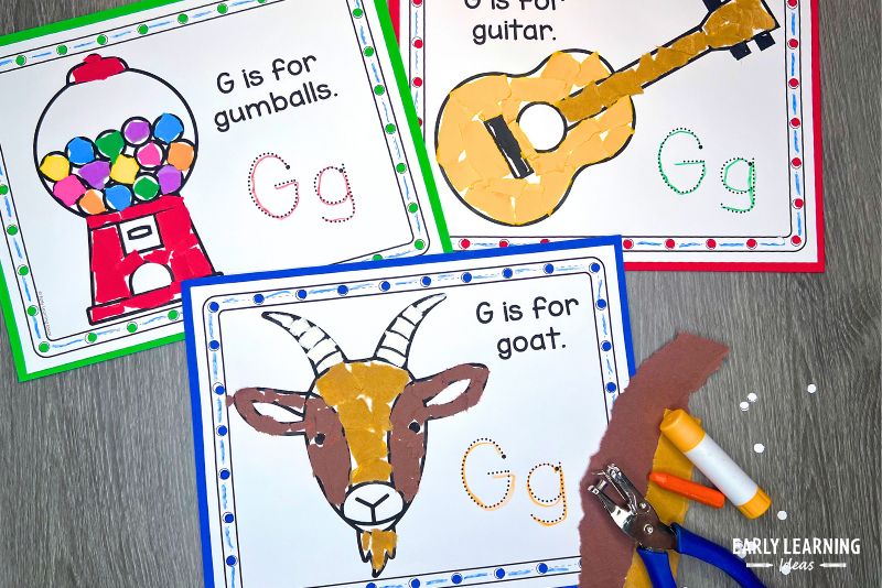 letter g crafts for preschool include a goat, gumball, and guitar craft made from torn construction paper