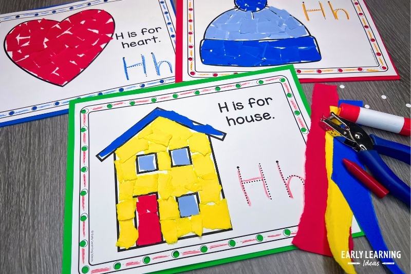 Letter H crafts for preschool - H is for heart, h is for hat, and h is for heart craft are shown with  paper strips and hole punch