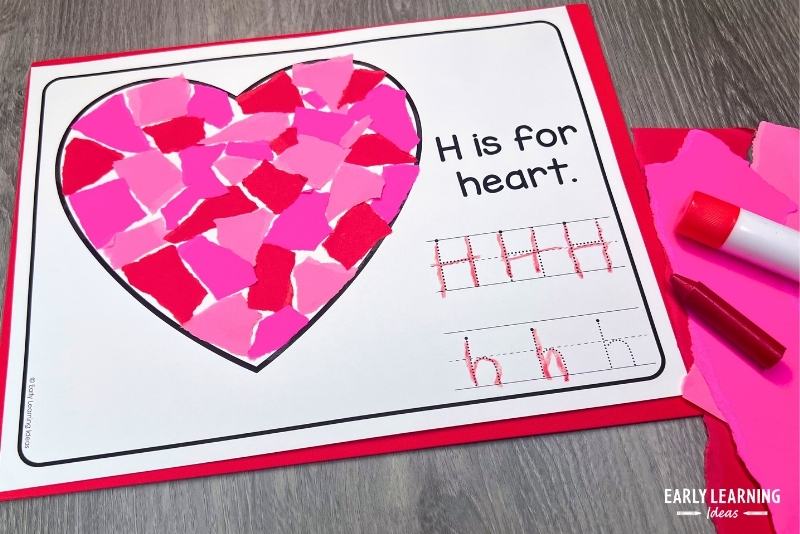 H is for heart craft made with pink torn paper