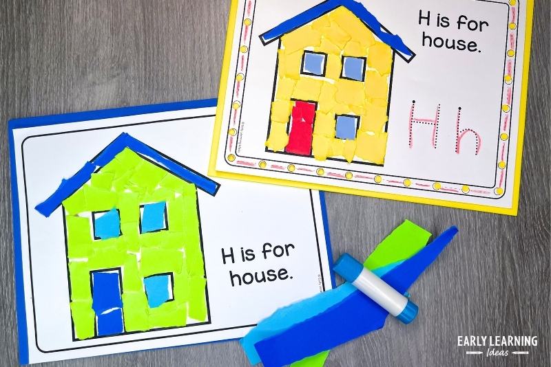 H is for house craft shown with torn paper and a glue stick.