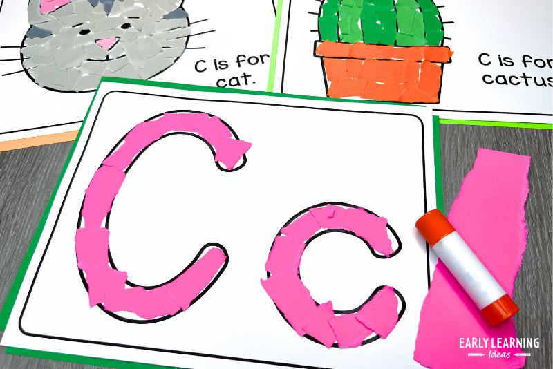 Crafts for the letter c - image includes a bubble letter craft, cactus craft, and cat craft