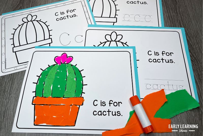 Letter c crafts for preschool - the image show 4 different versions of the no-prep c is for cactus craft activity