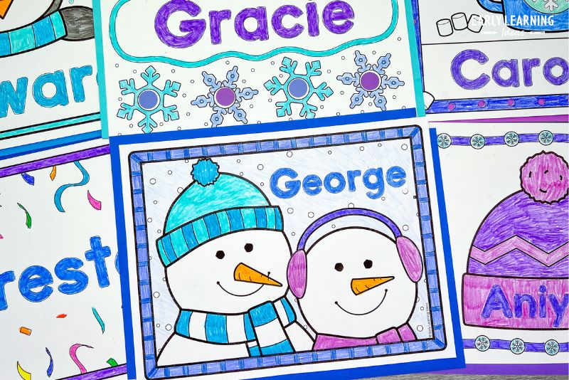 snowman name coloring sheets and winter arts and crafts.