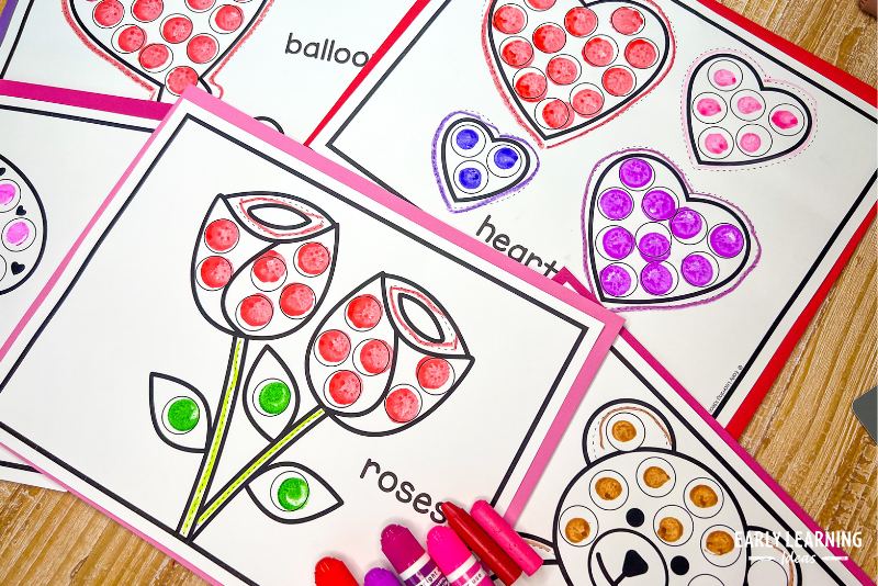 Valetnine's Day dot marker and tracing activity pages. Flowers, hearts, a teddy bear and balloon images are shown with dot markers.