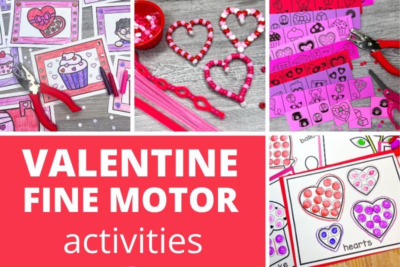 Valentine fine motor activities.  The collage includes a hole punch task card, a beaded heart, a hole punch strip, and a dot marker activity.