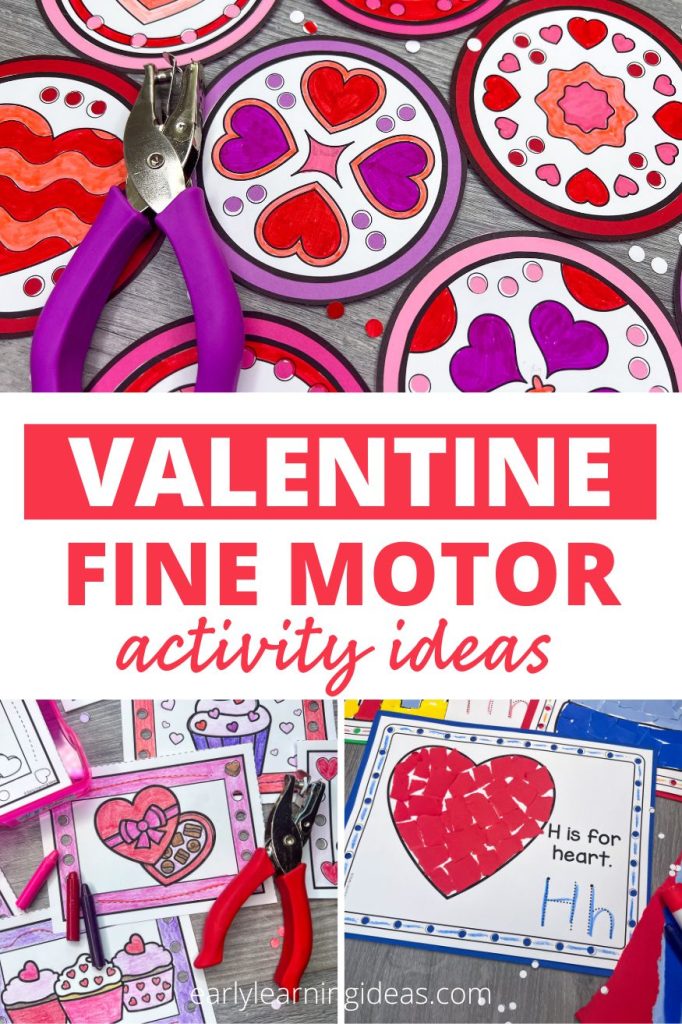Valentine's Day fine motor activities for preschool kids - hole punch, paper tearing, and tracing activities are shown