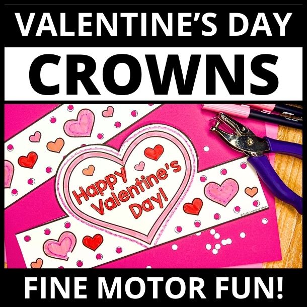 Valentines Day crown and headband printable craft shown with a hole punch and markers