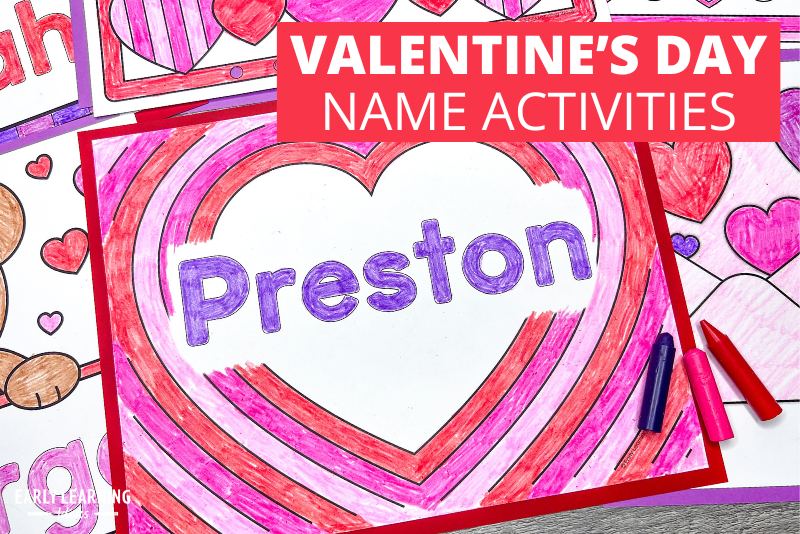 Valentine's Day name activities - a heart coloring page is featured