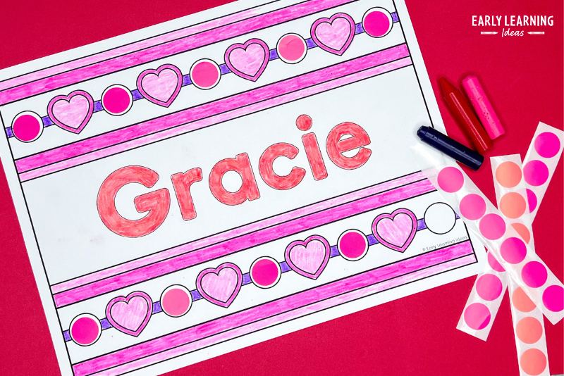 Valentines Day heart name coloring sheets with dot stickers