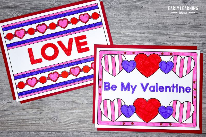 Valentine coloring sheets customized with the word "love" and "Be My Valentine"