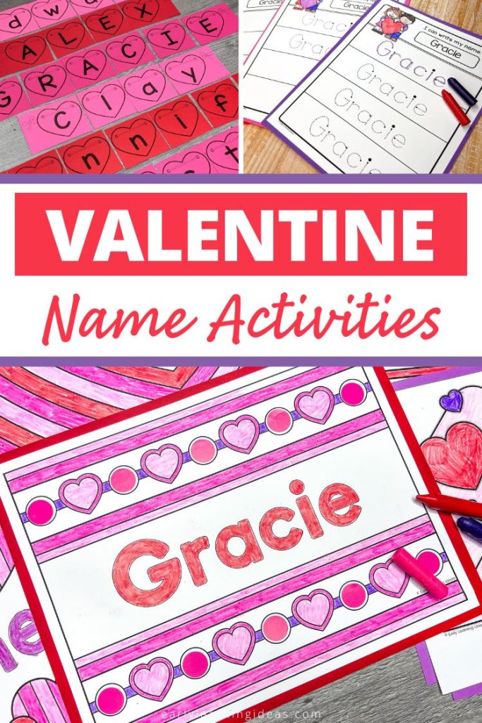 Valentine name activities - a collage of heart name puzzles, coloring pages, and tracing pages