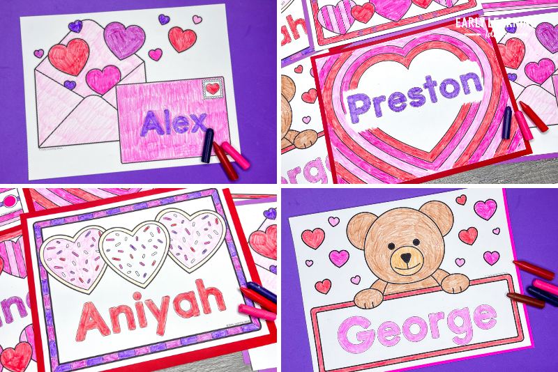 Valentines Day name coloring pages - 4 samples of name coloring pages are shown
