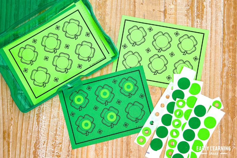 Fine motor dot sticker task cards for St. Patrick's day.