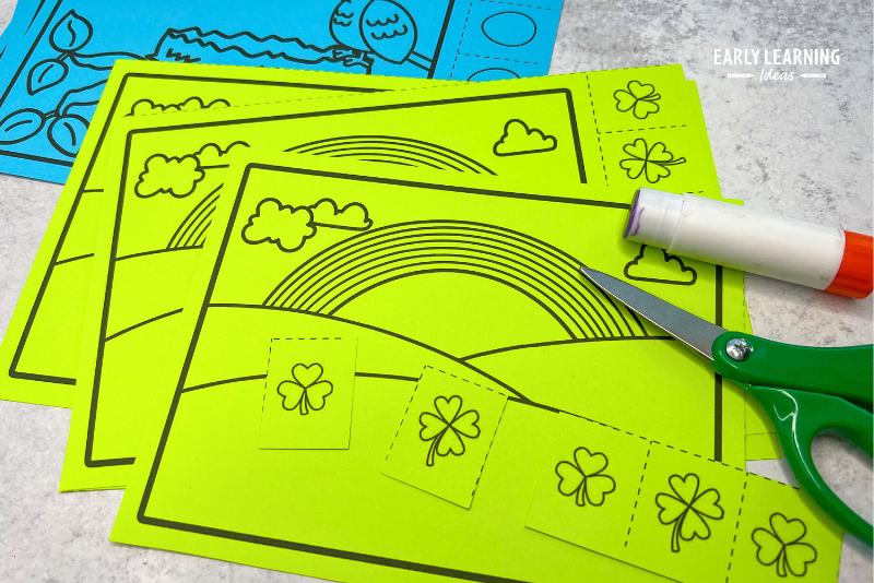 rainbow cut and paste fine motor activity for straight-line cutting practice.