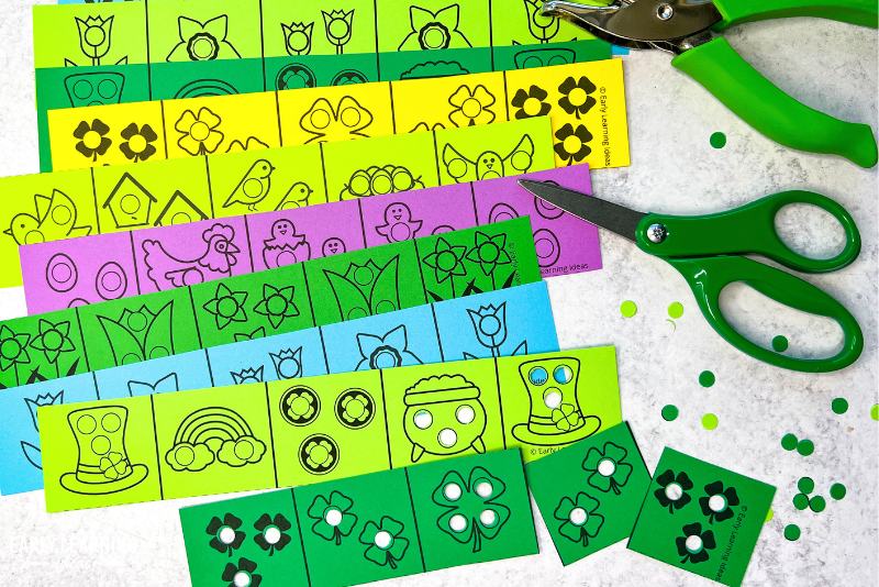 St. Patrick's day and spring hole punch and cut activity strips for fine motor activitiies.