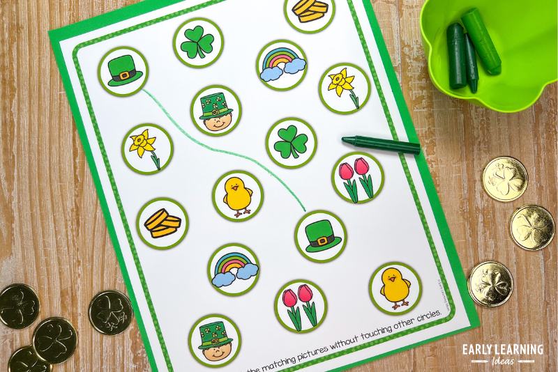 St. Patrick's Day prewriting page shown with a crayon