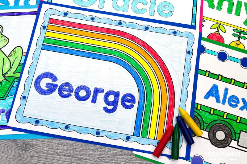 Rainbow name coloring page for St. Patrick's day name and fine motor activities.