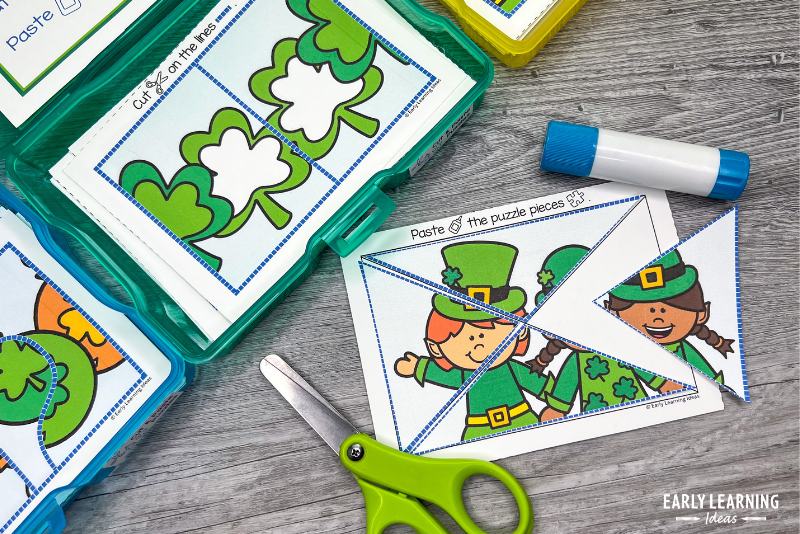 St. Patrick's day cut and paste puzzles for cutting practice