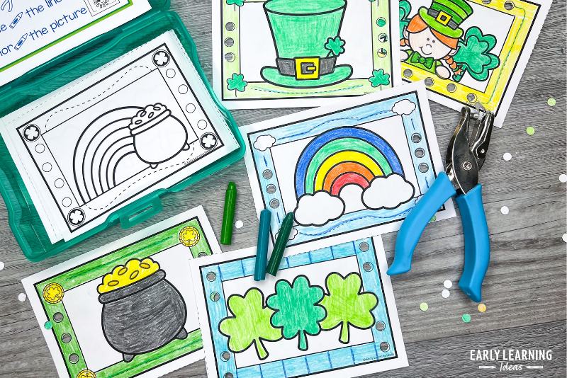 St. Patrick's Day hole punch, color, and trace fine motor task cards