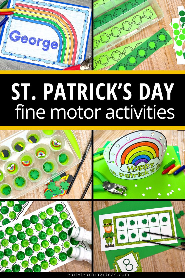 St. Patrick's Day fine motor activities - includes a collage with several fine motor activities
