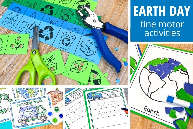 Earth Day fine motor activities collage with paper tearing, hole punch, cutting, tracing, and dot sticker activities pictured
