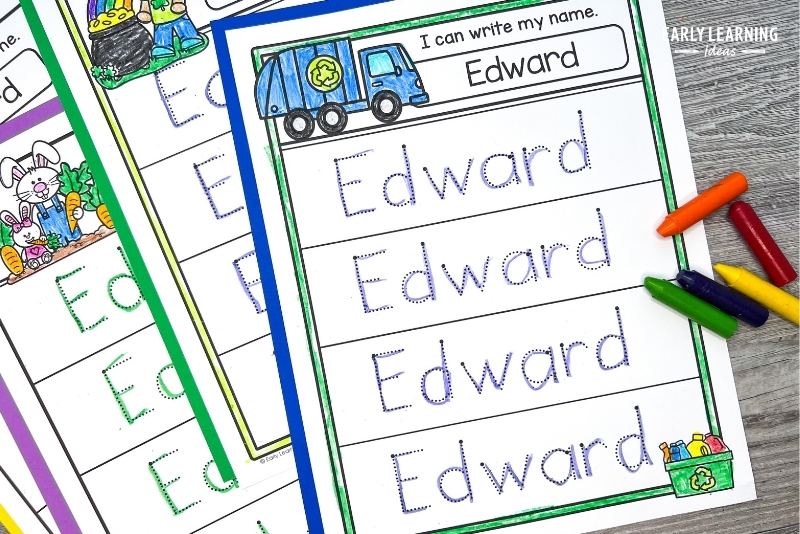 Recycling truck name writing worksheet with crayons