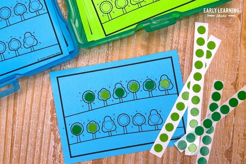 Earth Day tree theme dot sticker fine motor task cards shown with small green dot stickers