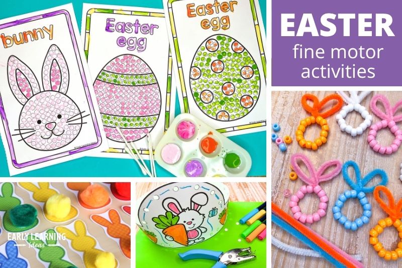 Easter fine motor activities - the collage shows a variety of fine motor activities includeing beaded bunnies, bunny crowns, q-tip painting and more.