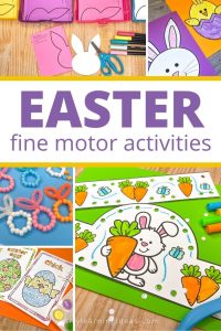 Easter fine motor activities for kids - the collage show cutting activities, crafts, beaded bunnies, bunny crowns, and Easter q-tip painting