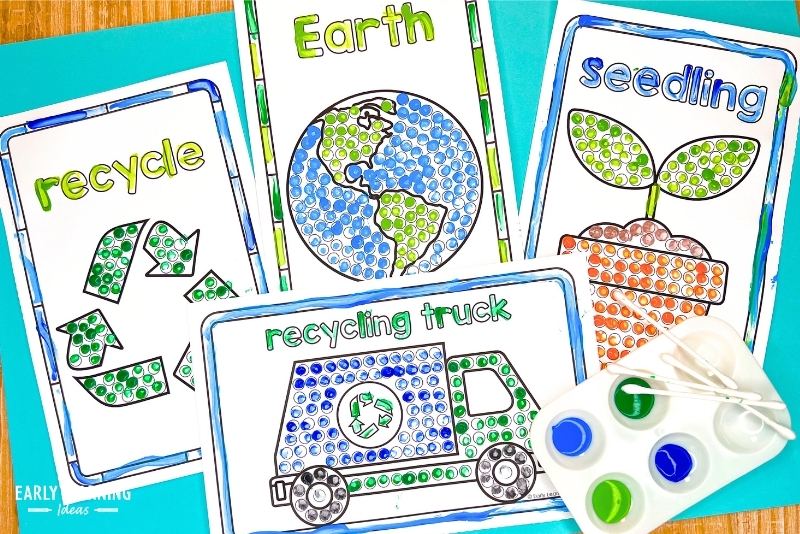 q-tip dot painting pages for Earth Day. The images include a recycling symbol, the Earth, a seedling, and a recycling truck with a pallet of paint and some q-tips.